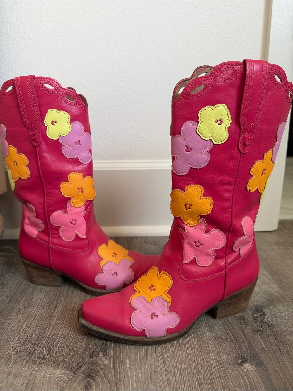 Women’s Pink Floral Appliqué Cowboy Boots- soft leather